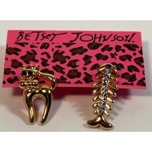 Cat  and Fish Earrings in Gold Tone BETSEY JOHNSON Quirky Fashion Statement